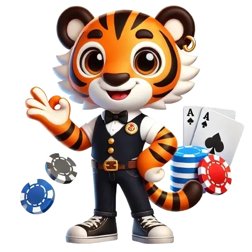 Este é um tigre desenhado em estilo cartoon, simpático e envolvente, representando o Tigrinho Casino. Ele está em uma pose confiante e alegre, vestindo um traje estiloso com elementos de cassino, como fichas e cartas, simbolizando diversão e emoção no ambiente de jogos. O fundo branco realça a presença vibrante do personagem, tornando-o ideal para promover a temática de cassino online.