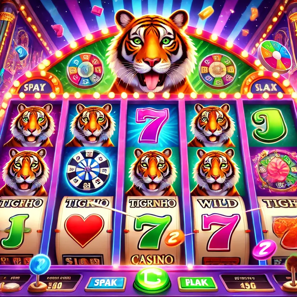 Nesta cena dinâmica, os jogadores comemoram suas vitórias em meio a um cenário de jogos de cassino, incluindo máquinas caça-níqueis, fichas e cartas. A imagem destaca a alegria e a excitação que os jogos no Tigrinho Casino proporcionam.