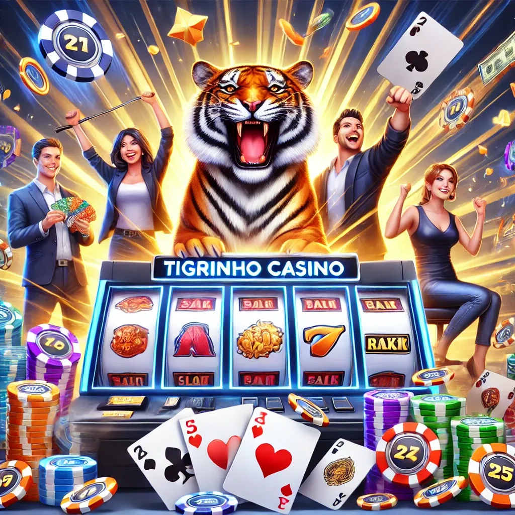Esta imagem vibrante e colorida mostra a interface de um jogo de cassino, com roletas girando e símbolos como tigres e cartas selvagens. Ela reflete a atmosfera energética do Tigrinho Casino, destacando a diversão e a emoção de jogar.