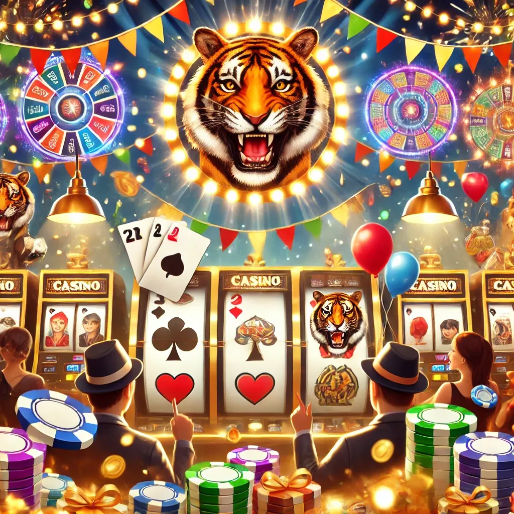 Esta imagem captura o ambiente festivo do Tigrinho Casino, com jogadores engajados em caça-níqueis e jogos de cartas. Os símbolos de tigres e cartas criam uma atmosfera alegre, enquanto as luzes brilhantes reforçam a energia do local.